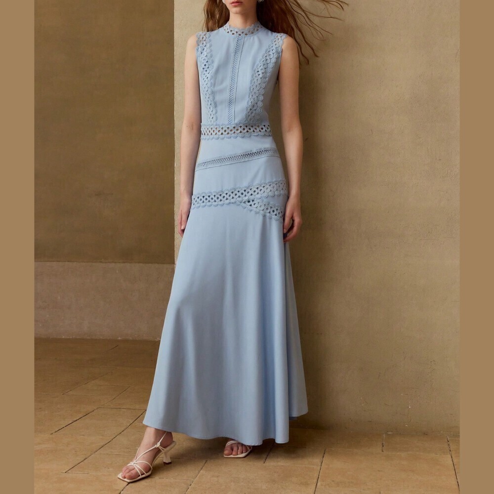Dusty Blue Crochet Lace Trim Sleeveless Maxi Dress - Picture 6 of 7